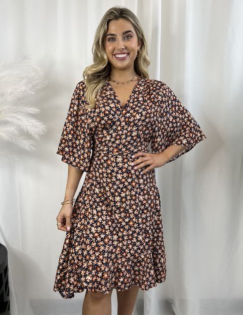 Pumpkin Floral Wrap Dress